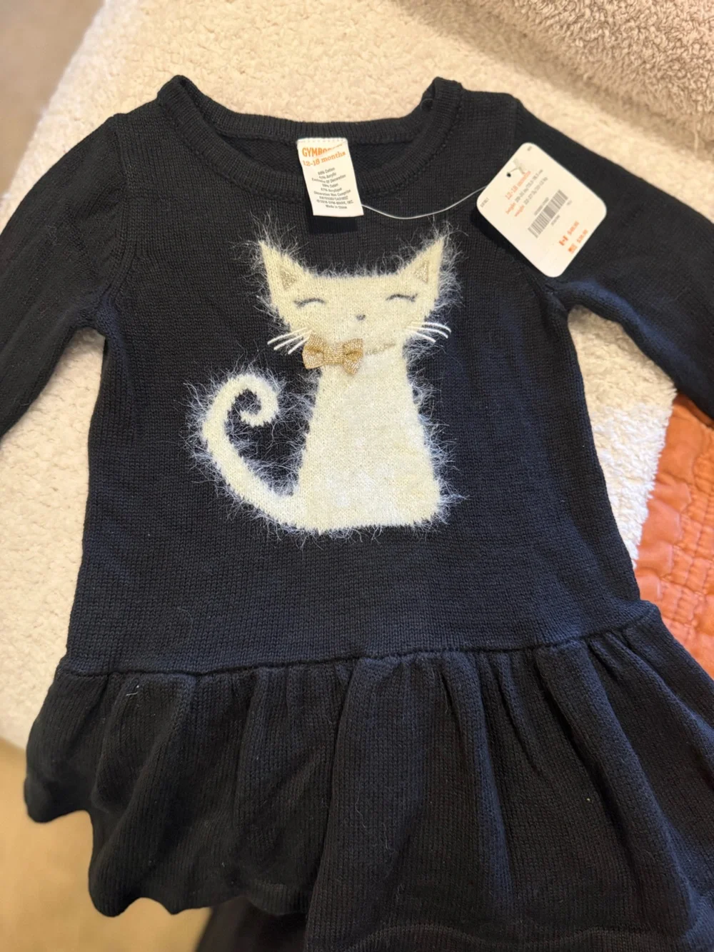 Gymboree black Dress with Cream Fuzzy Cat and Gold Bow
